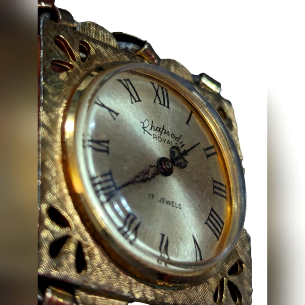 Vintage Rhapsody Royale Watch Women Gold Tone Round Dial Bracelet Manual Wind 6"